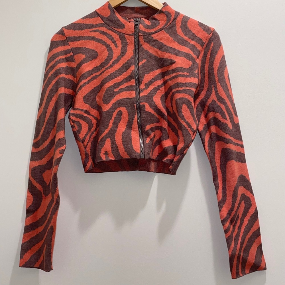 Le Lis Collection Zebra Print Cropped Zip Up Mock Neck Knit Jacket Rust‎ Brown M